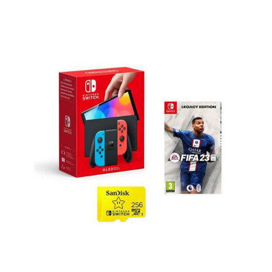 NINTENDO Switch OLED, FIFA 23 & 256 GB Memory Card Bundle - Neon Red & Blue