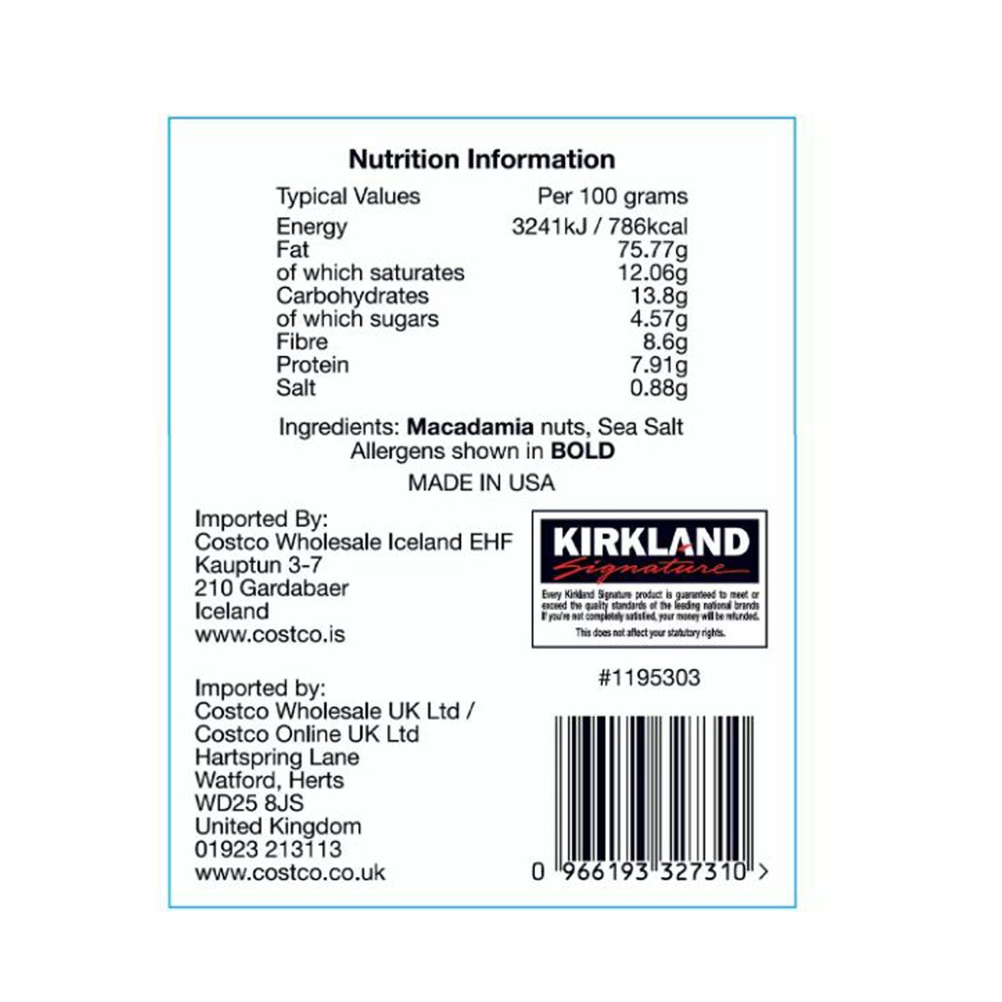 Kirkland Signature Dry Roasted Macadamia Nuts with Sea Salt, 680g